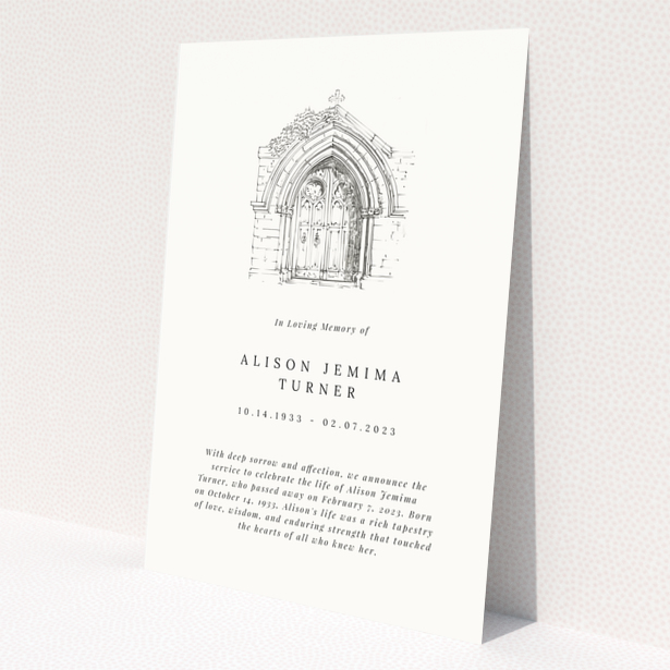 Funeral announcement design with one photo of a church door sketch