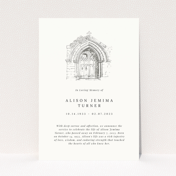 Funeral announcement design with one photo of a church door sketch