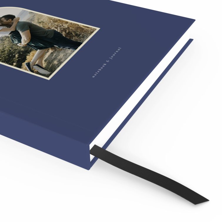 Blue personalised notebook cover design with one photo and elegant typography.