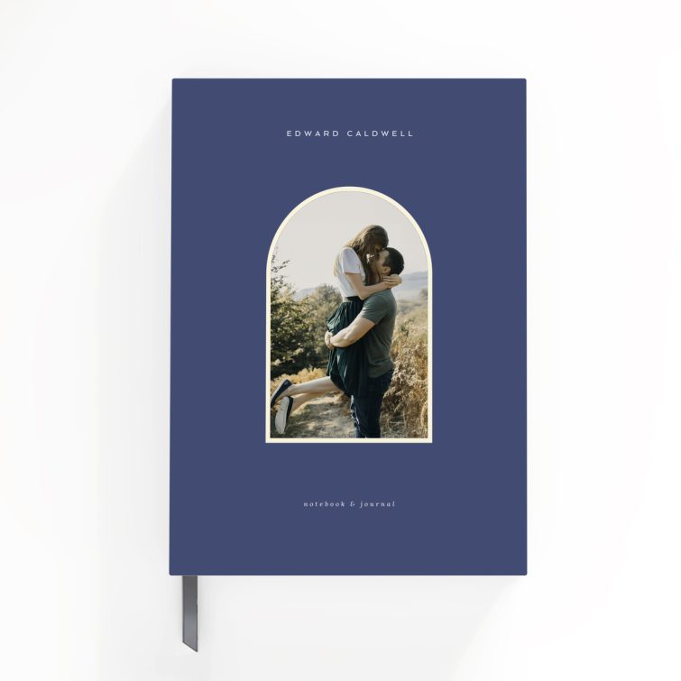 Blue personalised notebook cover design with one photo and elegant typography.