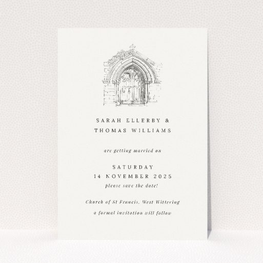 Archway Illustration A6 Save the Date Card - Elegant wedding stationery featuring hand-drawn depiction of ornate gothic archway symbolizing historical romance and tradition. This is a view of the front