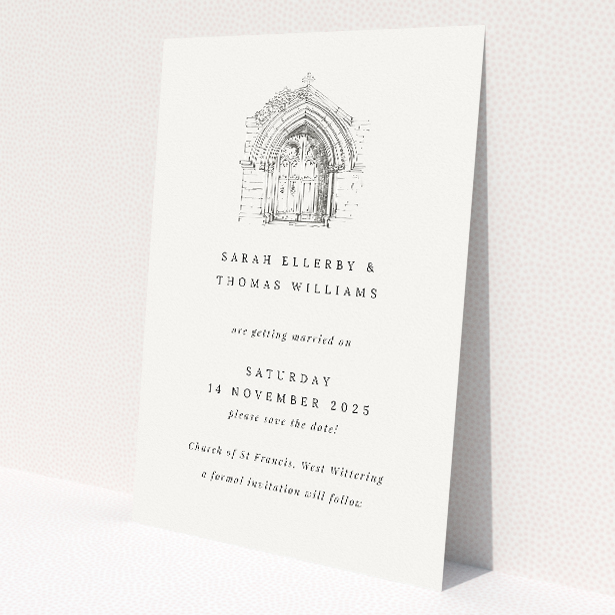 Archway Illustration A6 Save the Date Card - Elegant wedding stationery featuring hand-drawn depiction of ornate gothic archway symbolizing historical romance and tradition. This is a view of the back