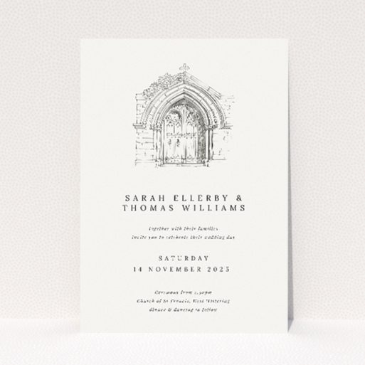 "Archway Illustration wedding invitation featuring a detailed sketch of a gothic church archway, set against an off-white background with classic serif and elegant script fonts, ideal for couples seeking historic detail and solemnity in their announcement.". This is a view of the front