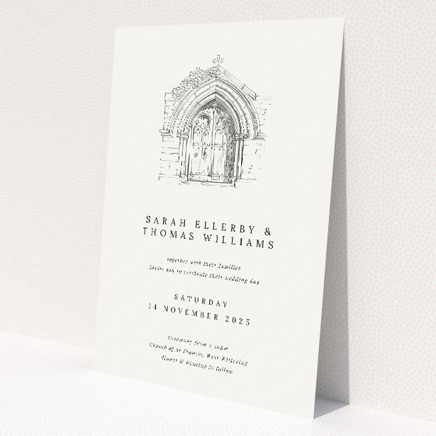 'Archway Illustration wedding invitation featuring a detailed sketch of a gothic church archway, set against an off-white background with classic serif and elegant script fonts, ideal for couples seeking historic detail and solemnity in their announcement.'. This is a view of the front
