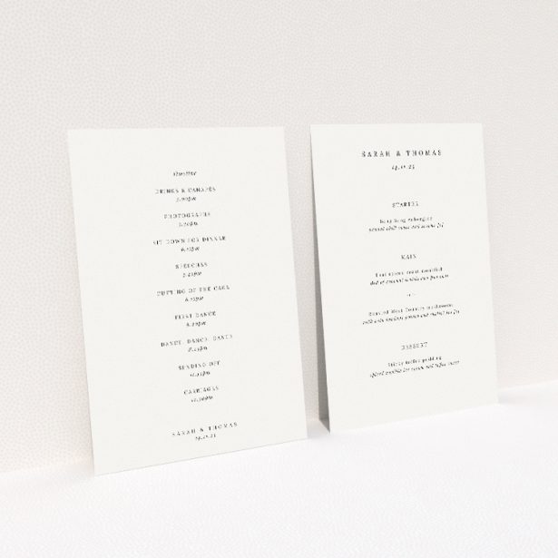 Elegant wedding menu template featuring gothic church archway illustrations on off-white background. This image shows the front and back sides together