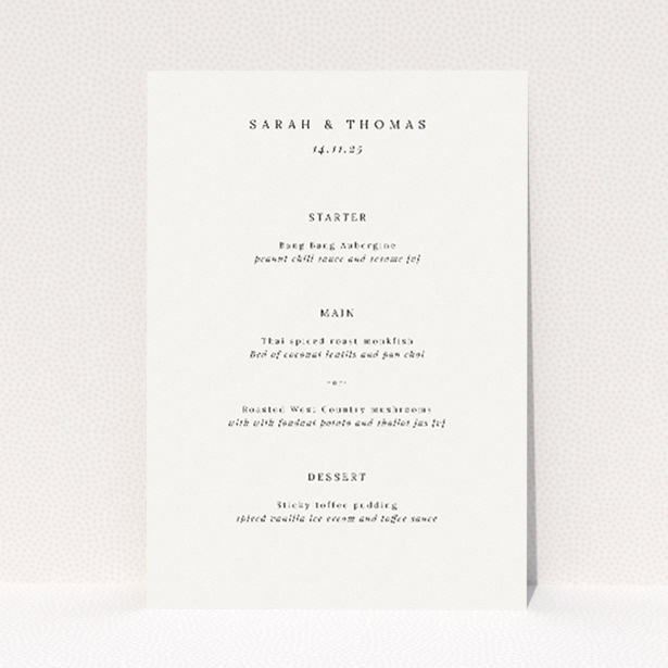 Elegant wedding menu template featuring gothic church archway illustrations on off-white background. This is a view of the front