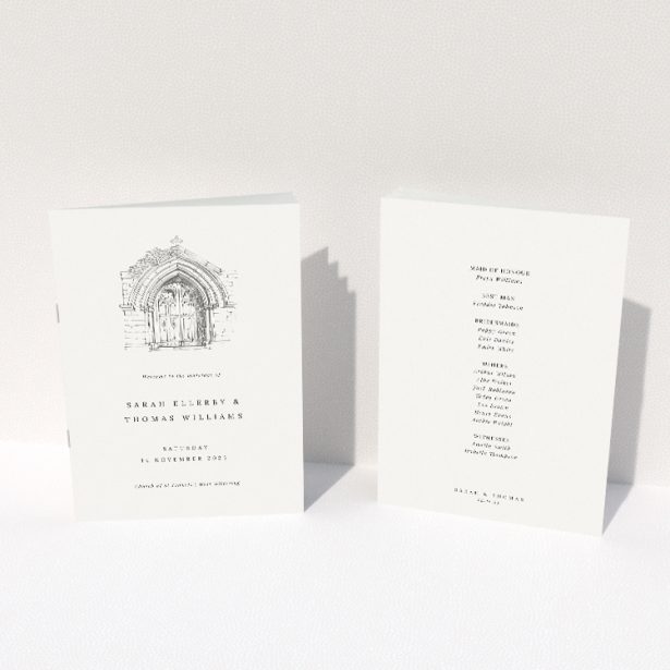 Elegant Archway Illustration Wedding Order of Service Booklet. This image shows the front and back sides together