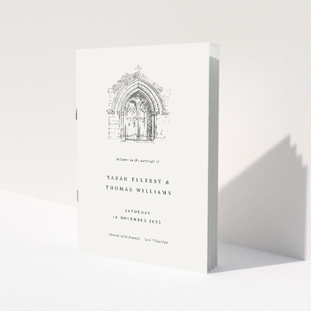 Elegant Archway Illustration Wedding Order of Service Booklet. This image shows the front and back sides together