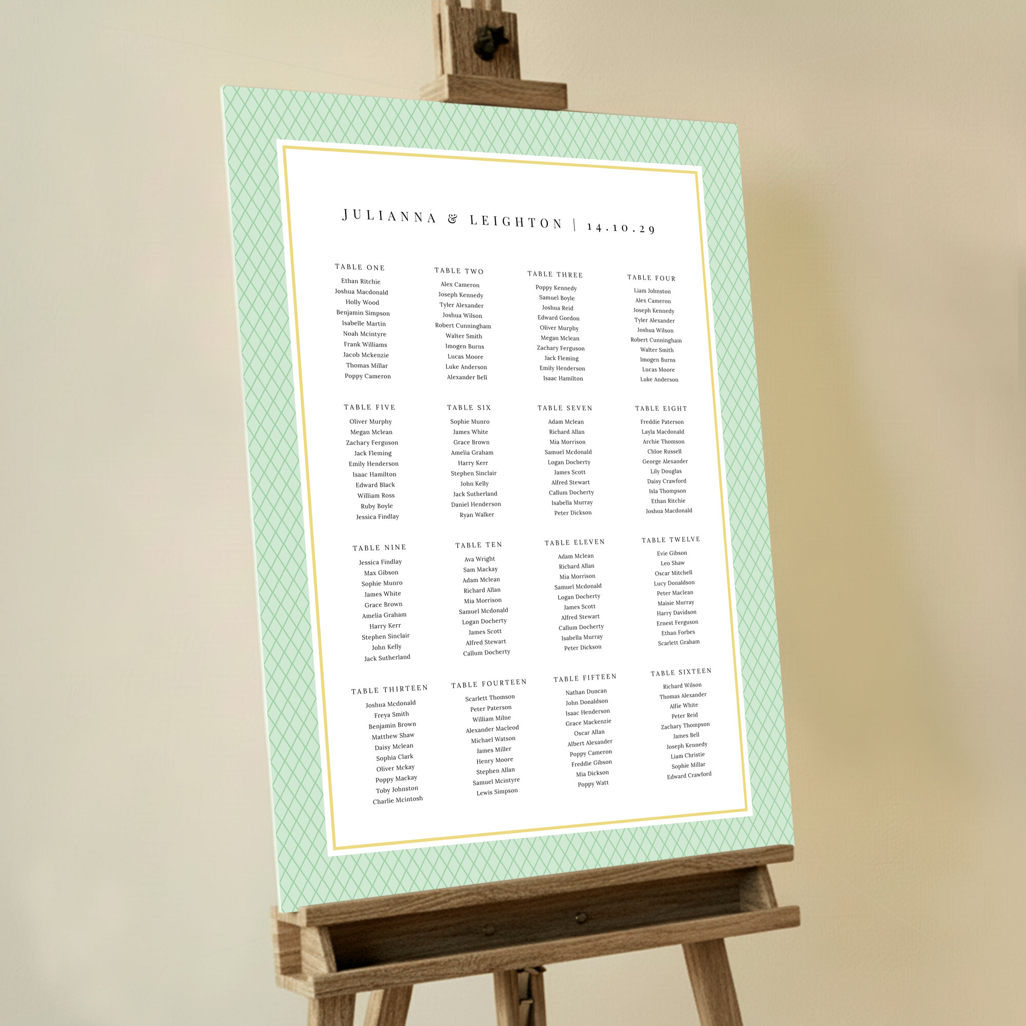 Bespoke Art Deco Triangles Seating Charts with light green triangles and luxurious gold borders, adding a touch of vintage sophistication to your wedding seating arrangement, exuding the glamour of a bygone era.. This one shows 16 tables.