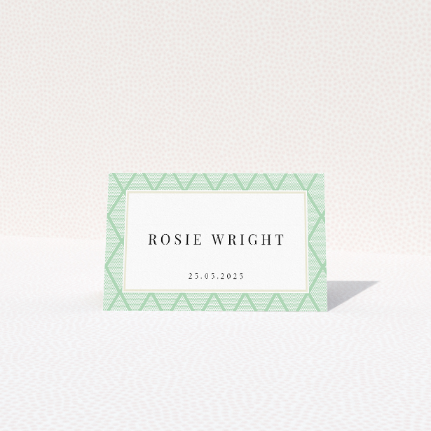 Art Deco Triangles suite place card template with captivating geometric pattern of mint green and white triangles, evoking the timeless sophistication of the 1920s This is a view of the front