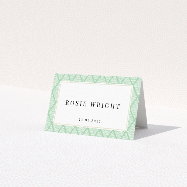 Art Deco Triangles suite place card template with captivating geometric pattern of mint green and white triangles, evoking the timeless sophistication of the 1920s This is a view of the front