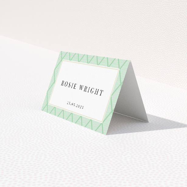 Art Deco Triangles suite place card template with captivating geometric pattern of mint green and white triangles, evoking the timeless sophistication of the 1920s This is a third view of the front