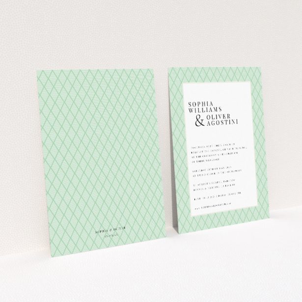 Personalised wedding invitation template - Art Deco Triangles with mint green and white geometric pattern. This image shows the front and back sides together