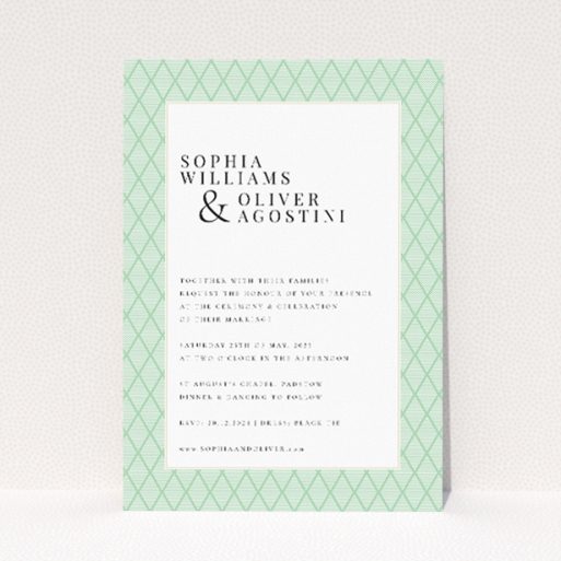 Personalised wedding invitation template - Art Deco Triangles with mint green and white geometric pattern. This is a view of the front