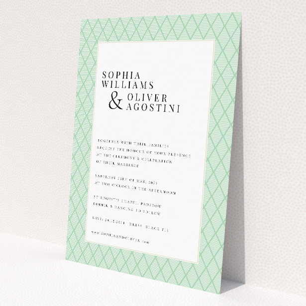 Personalised wedding invitation template - Art Deco Triangles with mint green and white geometric pattern. This image shows the front and back sides together