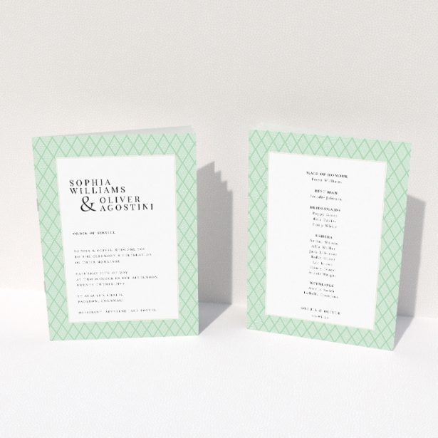 Vintage Art Deco Triangles Wedding Order of Service Booklet with Mint Green Geometric Pattern. This image shows the front and back sides together