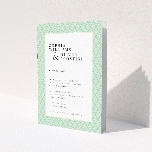 Vintage Art Deco Triangles Wedding Order of Service Booklet with Mint Green Geometric Pattern. This image shows the front and back sides together