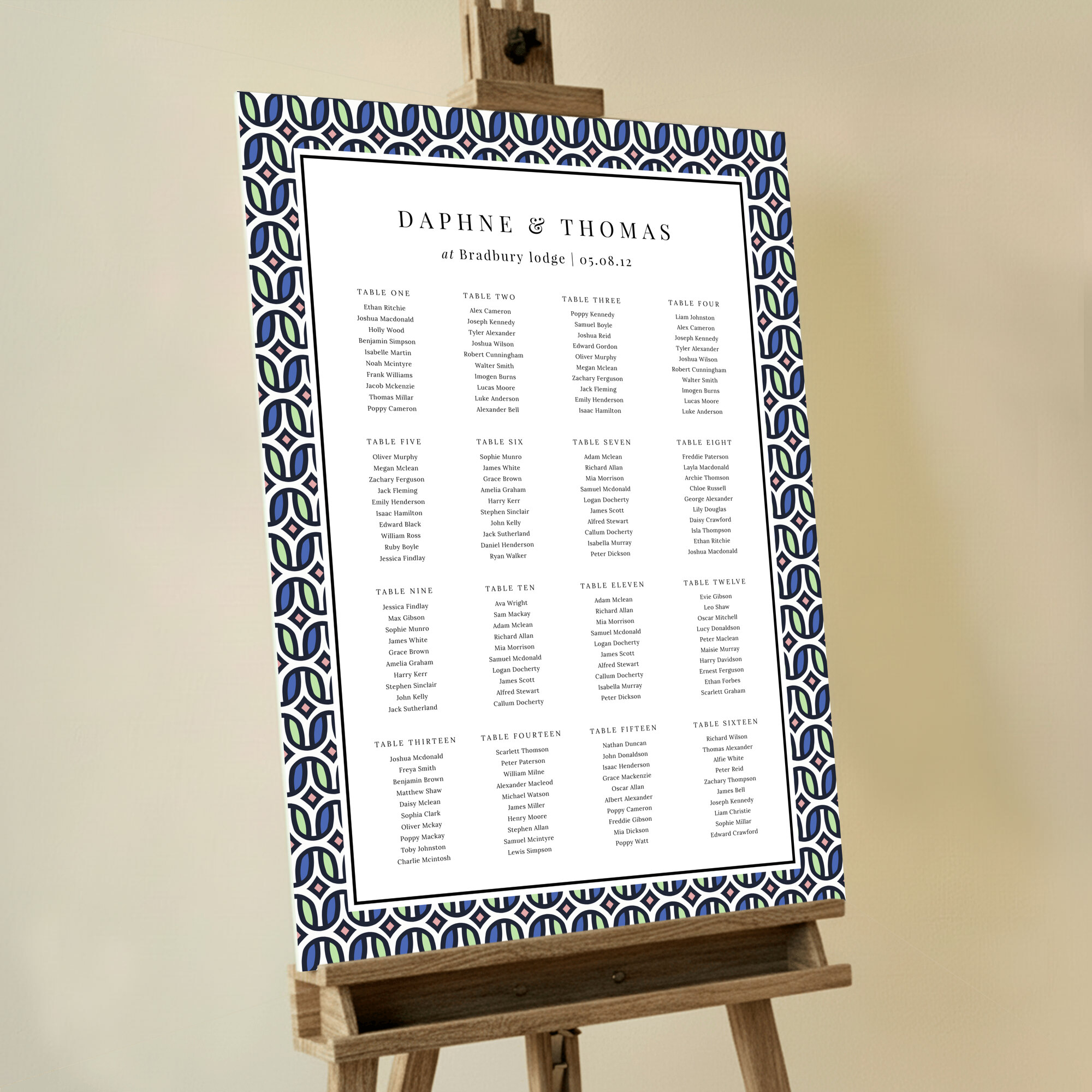Seating Plans Board with Athletic Nineties design featuring a colourful 90s aesthetic, with a repeating pattern of green, blue, and faded orange on a white background, adding a bold and captivating retro flair to your special day.. This one has 16 tables.