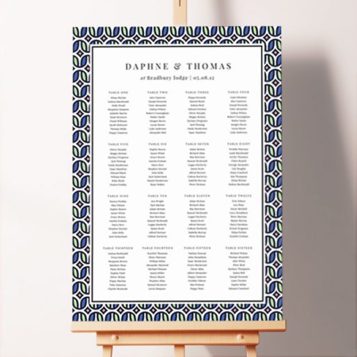 Seating Plans Board with Athletic Nineties design featuring a colourful 90s aesthetic, with a repeating pattern of green, blue, and faded orange on a white background, adding a bold and captivating retro flair to your special day.. This one has 16 tables.
