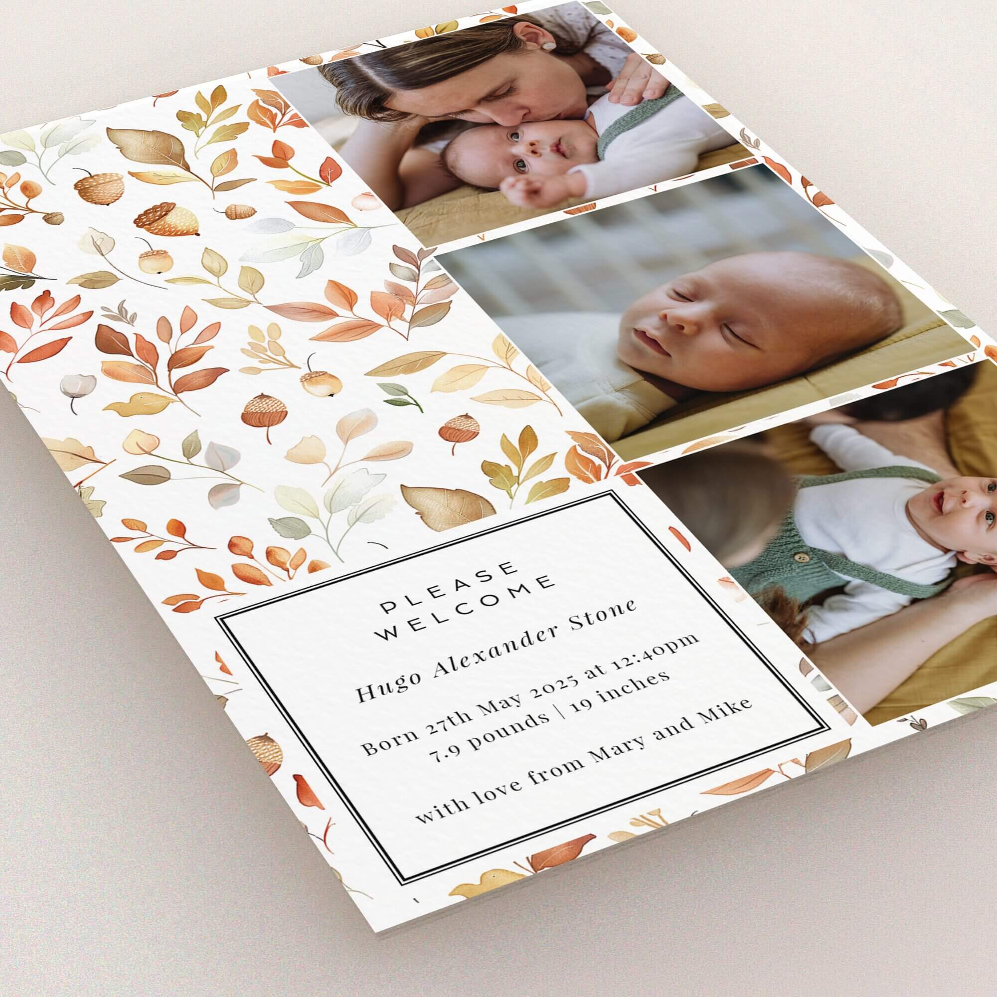 Floral birth announcement card design with three photos.
