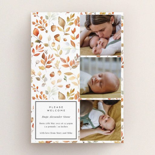Floral birth announcement card design with three photos.