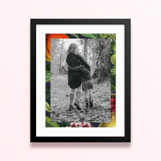 Framed and mounted photo print with one photo and a nature-themed border design.