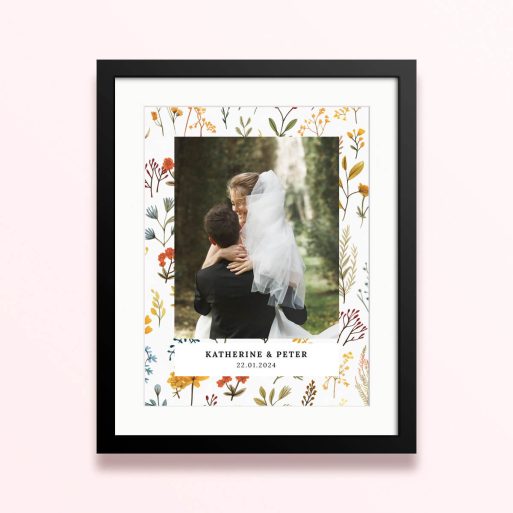 Framed and mounted photo print with a floral border and one photo.