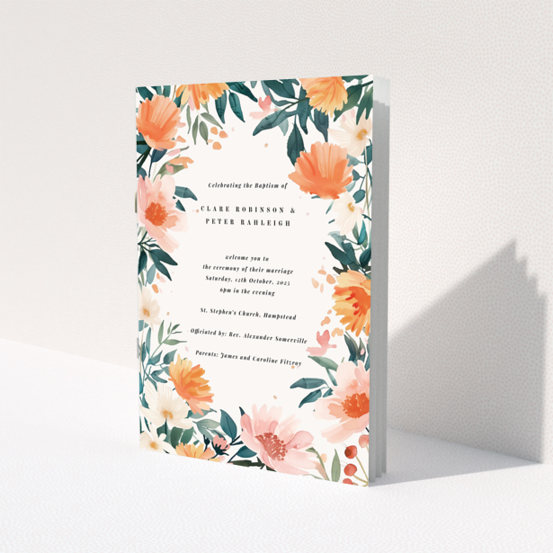 Floral christening order of service program featuring colourful flowers, no photos