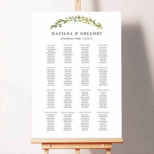 Custom Autumn Floral Round Wedding Seating Plan featuring an elegant and charming design with a botanic green and light yellow topper detail, adding a touch of sophistication to your special day.. This one is formatted for 16 tables.