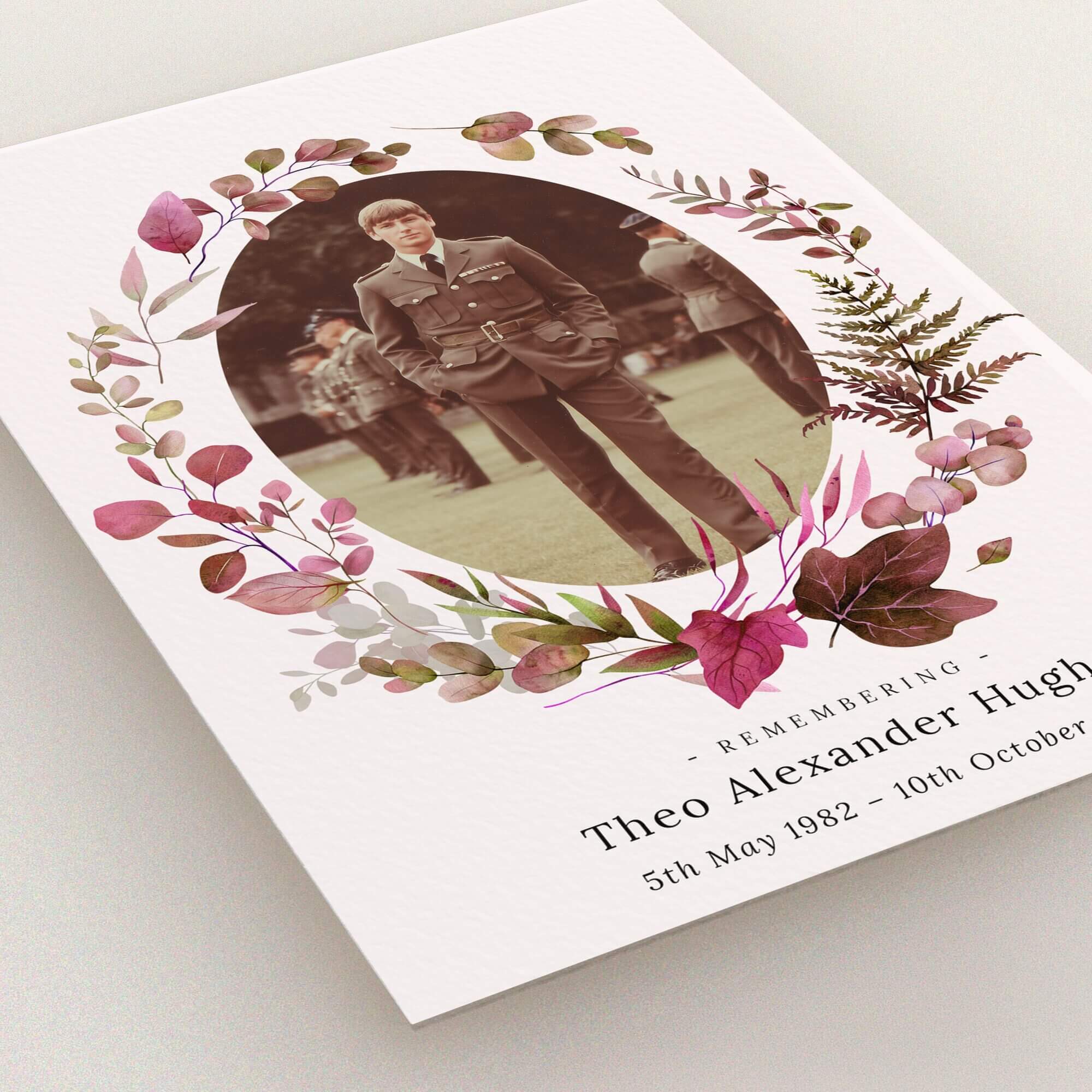 Floral-themed funeral announcement design with one photo surrounded by leaves and a commemorative text.