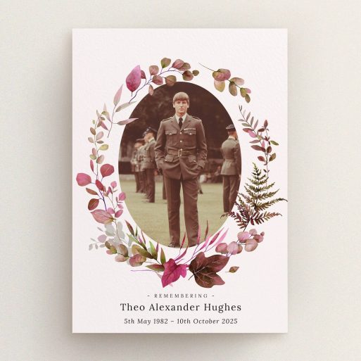 Floral-themed funeral announcement design with one photo surrounded by leaves and a commemorative text.