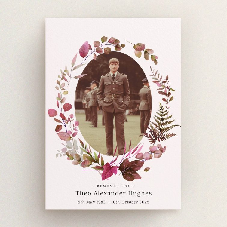 Floral-themed funeral announcement design with one photo surrounded by leaves and a commemorative text.