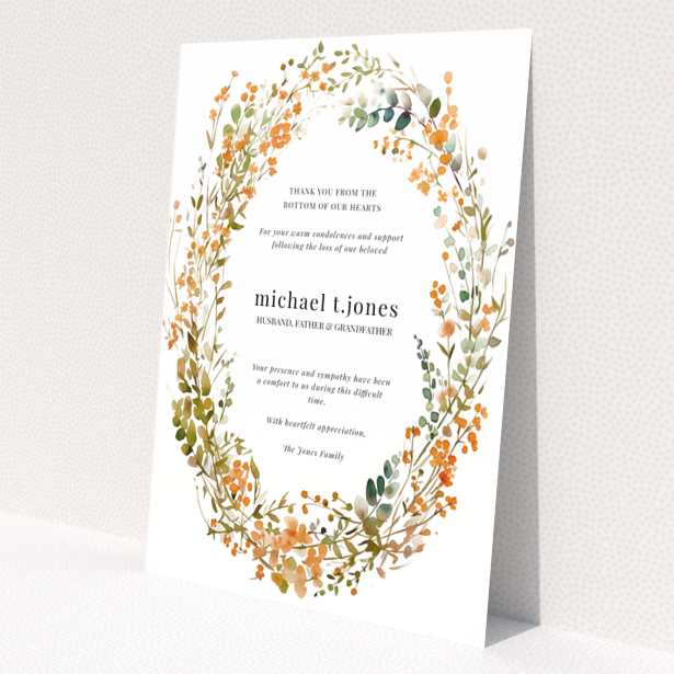 Funeral thank you card design with floral border and one photo placeholder