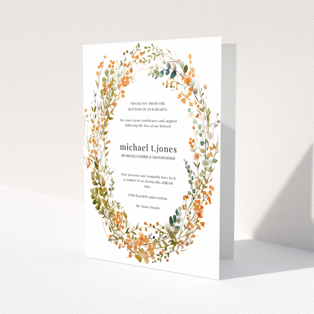 Funeral thank you card design with floral border and one photo placeholder