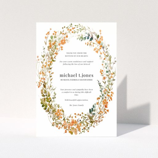 Funeral thank you card design with floral border and one photo placeholder