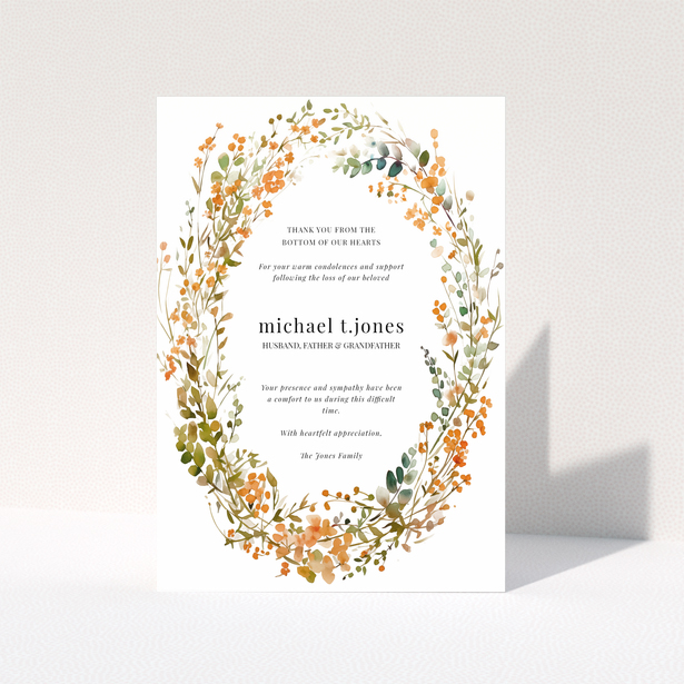 Funeral thank you card design with floral border and one photo placeholder