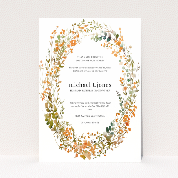 Funeral thank you card design with floral border and one photo placeholder