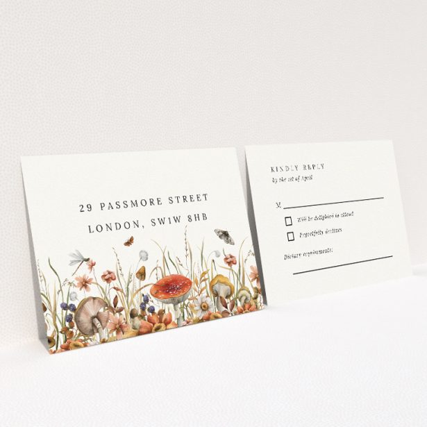 Autumn Harvest RSVP card featuring lush illustrations of flora and fauna in deep oranges, browns, and touches of blue and grey, ideal for couples seeking a sophisticated and warm aesthetic This is a view of the back