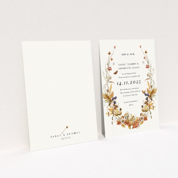 Autumn Harvest Save the Date card - A6 symmetrical design with a delicate wreath of autumnal elements in warm shades of gold, burnt orange, and deep reds, evoking the essence of the fall season This is a view of the back