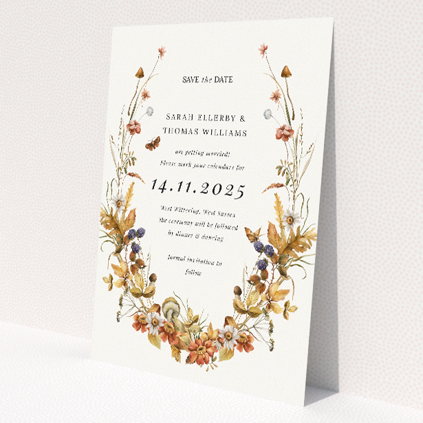 Autumn Harvest Save the Date card - A6 symmetrical design with a delicate wreath of autumnal elements in warm shades of gold, burnt orange, and deep reds, evoking the essence of the fall season This is a view of the front