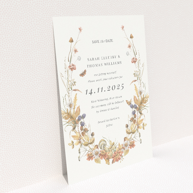 Autumn Harvest Save the Date card - A6 symmetrical design with a delicate wreath of autumnal elements in warm shades of gold, burnt orange, and deep reds, evoking the essence of the fall season This is a view of the back