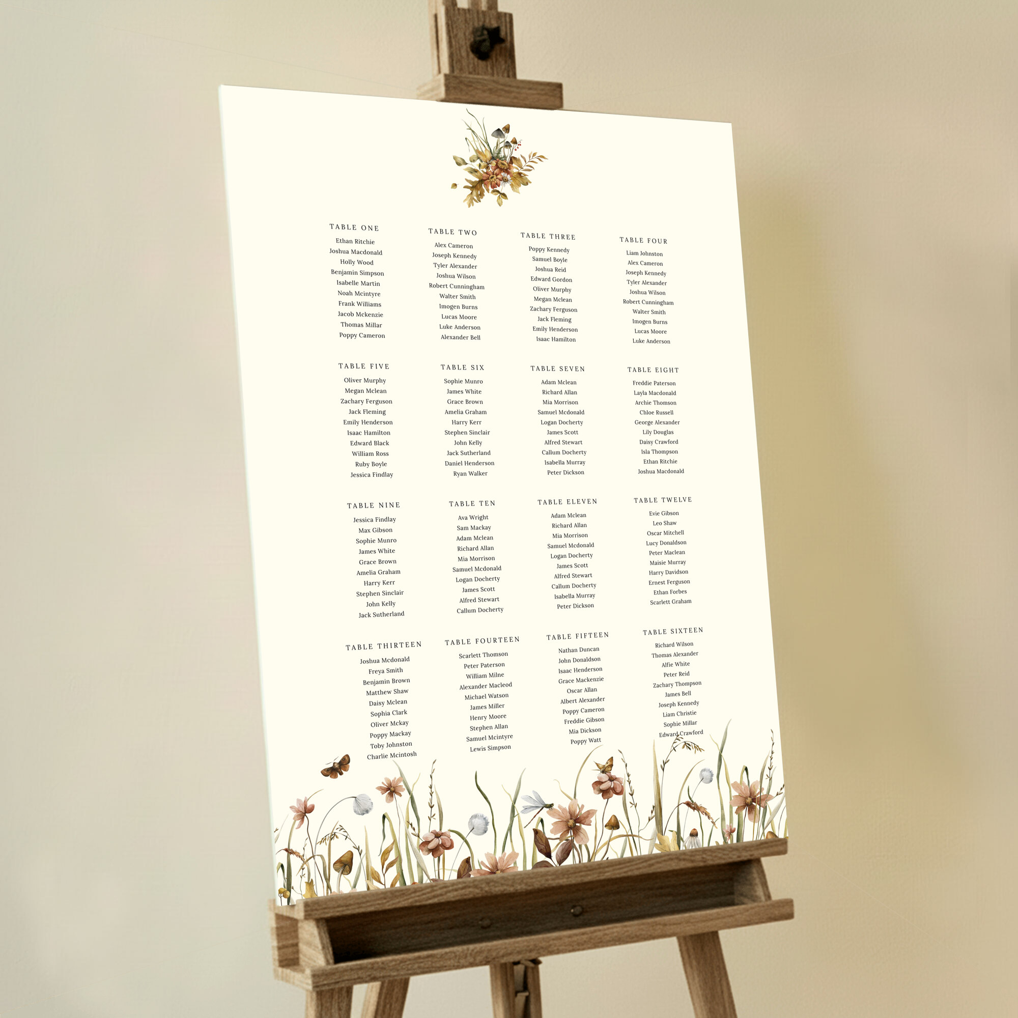 Personalized Autumn Harvest Foamex Seating Plan displayed on a wooden easel. This one shows 16 tables.