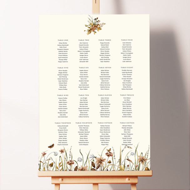 Personalized Autumn Harvest Foamex Seating Plan displayed on a wooden easel. This one shows 16 tables.