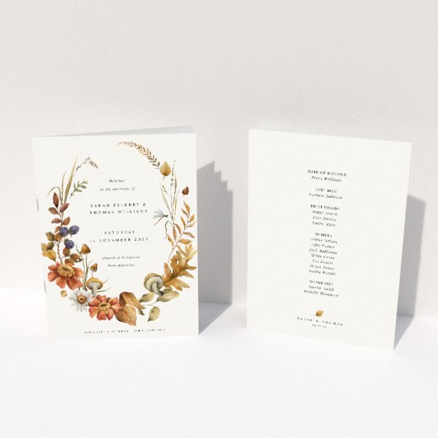 Autumn Harvest Wedding Order of Service booklet A5 portrait design featuring fall foliage and florals in warm tones. This image shows the front and back sides together