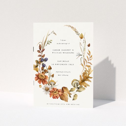 Autumn Harvest Wedding Order of Service booklet A5 portrait design featuring fall foliage and florals in warm tones. This is a view of the front