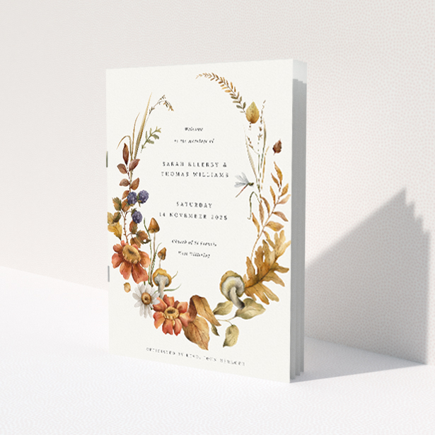 Autumn Harvest Wedding Order of Service booklet A5 portrait design featuring fall foliage and florals in warm tones. This image shows the front and back sides together