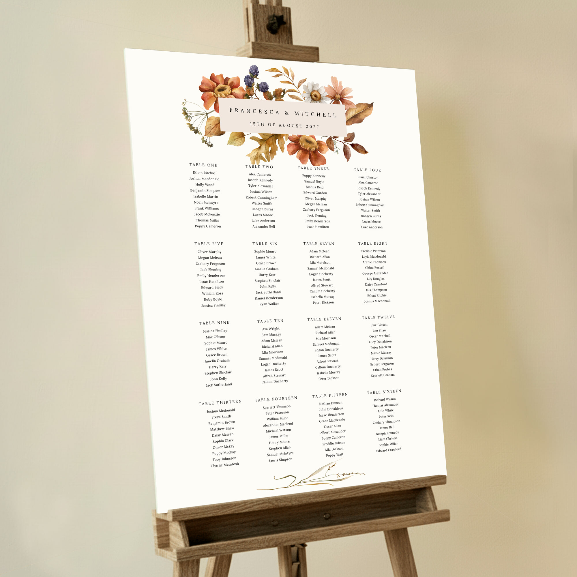 Elegant floral wedding table plan design with autumnal accents, featuring guest list for sixteen tables and one decorative photo. This one shows 16 tables.