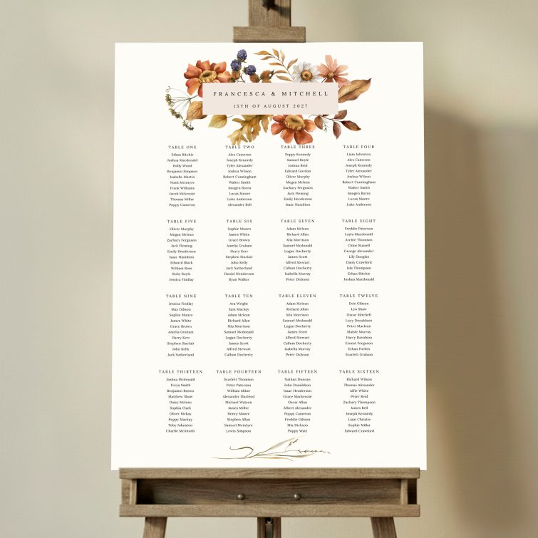 Elegant floral wedding table plan design with autumnal accents, featuring guest list for sixteen tables and one decorative photo. This one shows 16 tables.