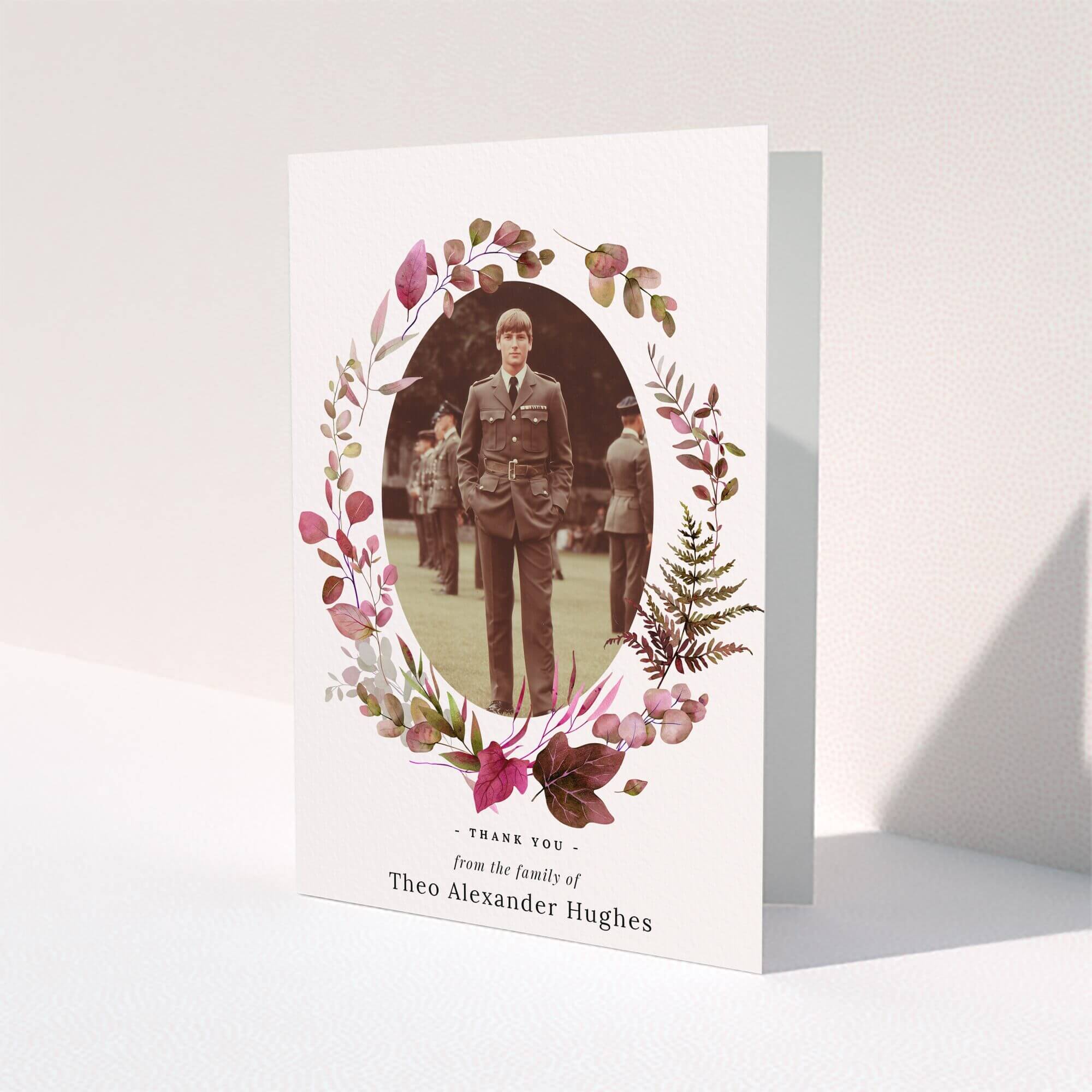 Funeral thank you card with floral design and one photo
