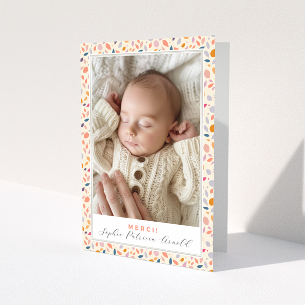 Baby thank you card with floral border and photo of sleeping baby